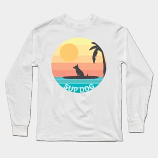 Sup Dog Funny Paddle Boarding German Shepherd Dog Rainbow Sunset Long Sleeve T-Shirt